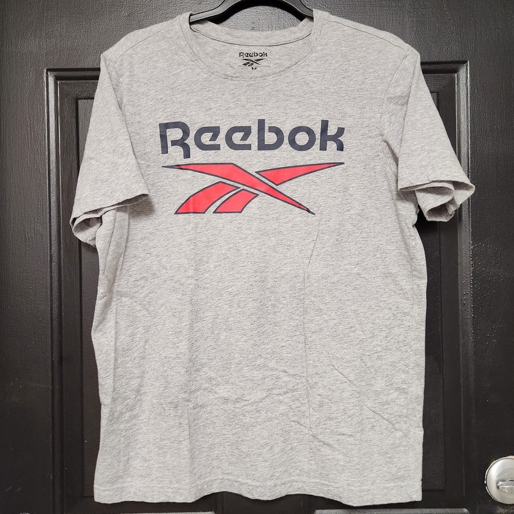 Reebok Tee Shirt Men's Grey Medium Crew Neck Stacked Logo Short Sleeve